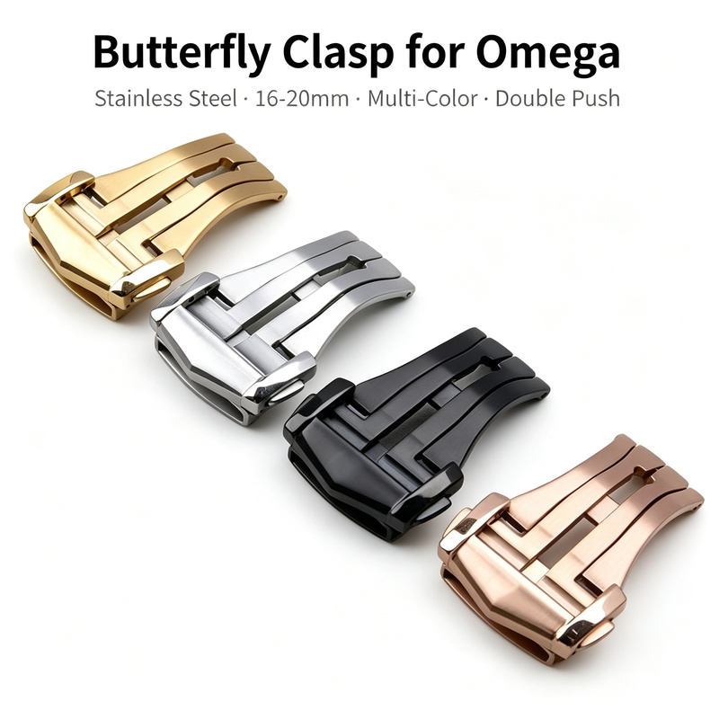 Butterfly Clasp Deployant - Edelstahl-Schmetterlingsverschluss für Omega 16-20mm Doppel-Druck-Faltschließe Leder-Gummi-Ersatz-Uhrenarmband